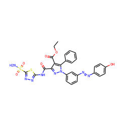 CCOC(=O)c1c(C(=O)Nc2nnc(S(N)(=O)=O)s2)nn(-c2cccc(/N=N/c3ccc(O)cc3)c2)c1-c1ccccc1 ZINC000064454194