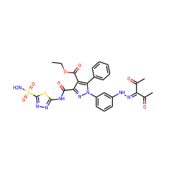 CCOC(=O)c1c(C(=O)Nc2nnc(S(N)(=O)=O)s2)nn(-c2cccc(NN=C(C(C)=O)C(C)=O)c2)c1-c1ccccc1 ZINC000072136398