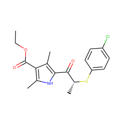 CCOC(=O)c1c(C)[nH]c(C(=O)[C@@H](C)Sc2ccc(Cl)cc2)c1C ZINC000002660092