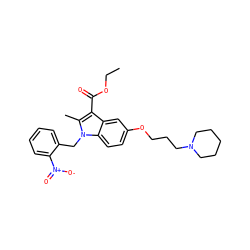 CCOC(=O)c1c(C)n(Cc2ccccc2[N+](=O)[O-])c2ccc(OCCCN3CCCCC3)cc12 ZINC000653730524