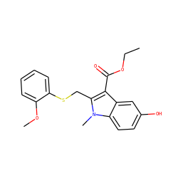 CCOC(=O)c1c(CSc2ccccc2OC)n(C)c2ccc(O)cc12 ZINC000169345892