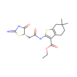CCOC(=O)c1c(NC(=O)C[C@@H]2SC(=N)NC2=O)sc2c1CCC(C)(C)C2 ZINC000653779512
