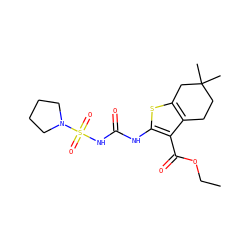 CCOC(=O)c1c(NC(=O)NS(=O)(=O)N2CCCC2)sc2c1CCC(C)(C)C2 ZINC000028565400