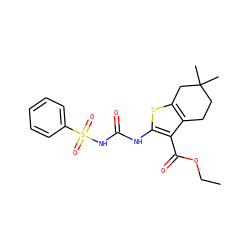 CCOC(=O)c1c(NC(=O)NS(=O)(=O)c2ccccc2)sc2c1CCC(C)(C)C2 ZINC000028565587