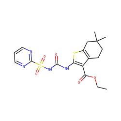 CCOC(=O)c1c(NC(=O)NS(=O)(=O)c2ncccn2)sc2c1CCC(C)(C)C2 ZINC000028565355