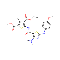 CCOC(=O)c1c(NC(=O)c2sc(Nc3ccc(OC)cc3)nc2N(C)C)sc(C(=O)OC)c1C ZINC000299854903
