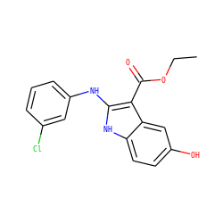 CCOC(=O)c1c(Nc2cccc(Cl)c2)[nH]c2ccc(O)cc12 ZINC000014978486