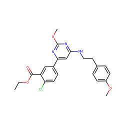 CCOC(=O)c1cc(-c2cc(NCCc3ccc(OC)cc3)nc(OC)n2)ccc1Cl ZINC000066104825
