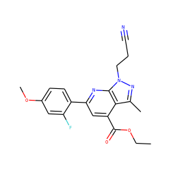 CCOC(=O)c1cc(-c2ccc(OC)cc2F)nc2c1c(C)nn2CCC#N ZINC000003305768