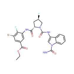 CCOC(=O)c1cc(Br)c(F)c(NC(=O)[C@@H]2C[C@@H](F)CN2C(=O)Nc2cn(C(N)=O)c3ccccc23)c1 ZINC000148223291