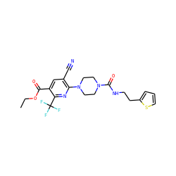 CCOC(=O)c1cc(C#N)c(N2CCN(C(=O)NCCc3cccs3)CC2)nc1C(F)(F)F ZINC000096272826