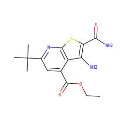CCOC(=O)c1cc(C(C)(C)C)nc2sc(C(N)=O)c(N)c12 ZINC000013686836
