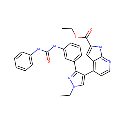 CCOC(=O)c1cc2c(-c3cn(CC)nc3-c3cccc(NC(=O)Nc4ccccc4)c3)ccnc2[nH]1 ZINC000073296132