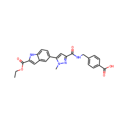 CCOC(=O)c1cc2cc(-c3cc(C(=O)NCc4ccc(C(=O)O)cc4)nn3C)ccc2[nH]1 ZINC000082156775
