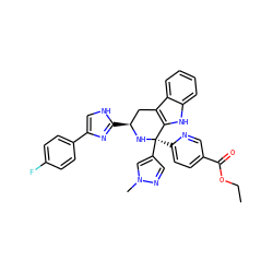 CCOC(=O)c1ccc([C@]2(c3cnn(C)c3)N[C@@H](c3nc(-c4ccc(F)cc4)c[nH]3)Cc3c2[nH]c2ccccc32)nc1 ZINC000299834492