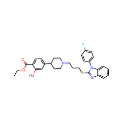 CCOC(=O)c1ccc(C2CCN(CCCCc3nc4ccccc4n3-c3ccc(F)cc3)CC2)cc1O ZINC000058575542
