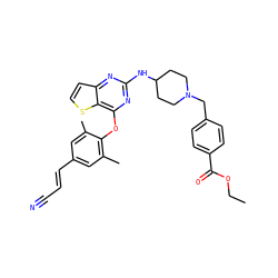 CCOC(=O)c1ccc(CN2CCC(Nc3nc(Oc4c(C)cc(/C=C/C#N)cc4C)c4sccc4n3)CC2)cc1 ZINC001772642820