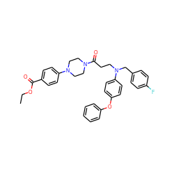 CCOC(=O)c1ccc(N2CCN(C(=O)CCN(Cc3ccc(F)cc3)c3ccc(Oc4ccccc4)cc3)CC2)cc1 ZINC000653697142