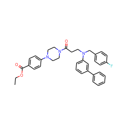CCOC(=O)c1ccc(N2CCN(C(=O)CCN(Cc3ccc(F)cc3)c3cccc(-c4ccccc4)c3)CC2)cc1 ZINC000653739301