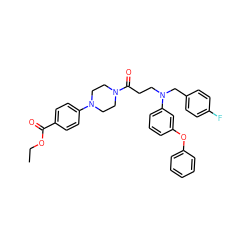 CCOC(=O)c1ccc(N2CCN(C(=O)CCN(Cc3ccc(F)cc3)c3cccc(Oc4ccccc4)c3)CC2)cc1 ZINC000653697122