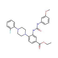 CCOC(=O)c1ccc(N2CCN(c3ccccc3F)CC2)c(NC(=O)Nc2cccc(OC)c2)c1 ZINC000008683003