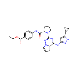 CCOC(=O)c1ccc(NC(=O)[C@@H]2CCCN2c2nc(Nc3cc(C4CC4)[nH]n3)c3cccn3n2)cc1 ZINC000143210769