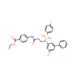 CCOC(=O)c1ccc(NC(=O)CCN(c2cc(Cl)cc(-c3ccccc3)c2)S(=O)(=O)c2ccc(F)cc2)cc1 ZINC000653699270