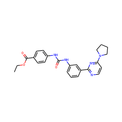 CCOC(=O)c1ccc(NC(=O)Nc2cccc(-c3nccc(N4CCCC4)n3)c2)cc1 ZINC001772605574