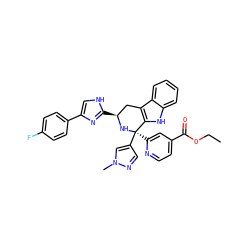 CCOC(=O)c1ccnc([C@]2(c3cnn(C)c3)N[C@@H](c3nc(-c4ccc(F)cc4)c[nH]3)Cc3c2[nH]c2ccccc32)c1 ZINC000299834421