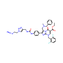 CCOC(=O)c1cn(Cc2c(F)cccc2F)c2nc(-c3ccc(NC(=O)NCc4cn(CCN=[N+]=[N-])nn4)cc3)c(CN(C)Cc3ccccc3)n2c1=O ZINC000095613200