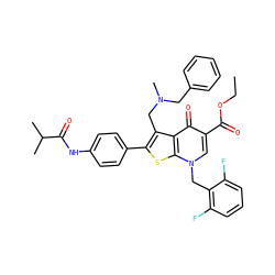CCOC(=O)c1cn(Cc2c(F)cccc2F)c2sc(-c3ccc(NC(=O)C(C)C)cc3)c(CN(C)Cc3ccccc3)c2c1=O ZINC000049614730