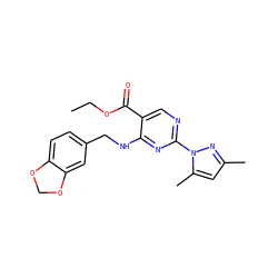CCOC(=O)c1cnc(-n2nc(C)cc2C)nc1NCc1ccc2c(c1)OCO2 ZINC000002265538