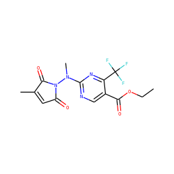 CCOC(=O)c1cnc(N(C)N2C(=O)C=C(C)C2=O)nc1C(F)(F)F ZINC000000603723