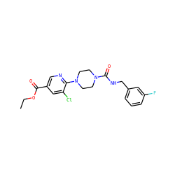 CCOC(=O)c1cnc(N2CCN(C(=O)NCc3cccc(F)c3)CC2)c(Cl)c1 ZINC000071282480