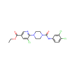 CCOC(=O)c1cnc(N2CCN(C(=O)Nc3ccc(Cl)c(Cl)c3)CC2)c(Cl)c1 ZINC000071647671