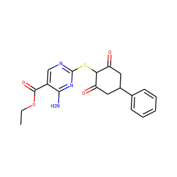 CCOC(=O)c1cnc(SC2C(=O)CC(c3ccccc3)CC2=O)nc1N ZINC000299825282