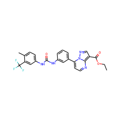 CCOC(=O)c1cnn2c(-c3cccc(NC(=O)Nc4ccc(C)c(C(F)(F)F)c4)c3)ccnc12 ZINC000043120026