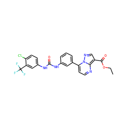 CCOC(=O)c1cnn2c(-c3cccc(NC(=O)Nc4ccc(Cl)c(C(F)(F)F)c4)c3)ccnc12 ZINC000043024607