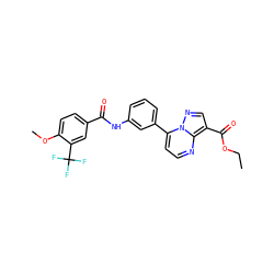 CCOC(=O)c1cnn2c(-c3cccc(NC(=O)c4ccc(OC)c(C(F)(F)F)c4)c3)ccnc12 ZINC000043013637