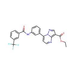 CCOC(=O)c1cnn2c(-c3cccc(NC(=O)c4cccc(C(F)(F)F)c4)c3)ccnc12 ZINC000041739025