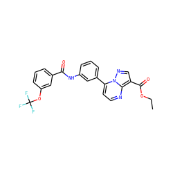 CCOC(=O)c1cnn2c(-c3cccc(NC(=O)c4cccc(OC(F)(F)F)c4)c3)ccnc12 ZINC000043018963