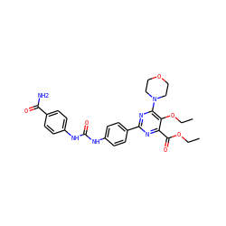 CCOC(=O)c1nc(-c2ccc(NC(=O)Nc3ccc(C(N)=O)cc3)cc2)nc(N2CCOCC2)c1OCC ZINC000118176598
