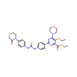 CCOC(=O)c1nc(-c2ccc(NC(=O)Nc3ccc(N4CCOCC4=O)cc3)cc2F)nc(N2CCOCC2)c1OCC ZINC000205770591