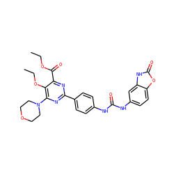 CCOC(=O)c1nc(-c2ccc(NC(=O)Nc3ccc4oc(=O)[nH]c4c3)cc2)nc(N2CCOCC2)c1OCC ZINC000118160908