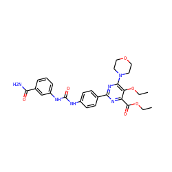 CCOC(=O)c1nc(-c2ccc(NC(=O)Nc3cccc(C(N)=O)c3)cc2)nc(N2CCOCC2)c1OCC ZINC000118178071
