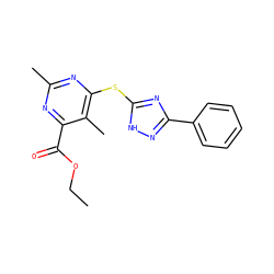 CCOC(=O)c1nc(C)nc(Sc2nc(-c3ccccc3)n[nH]2)c1C ZINC000013658860