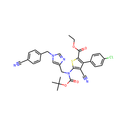 CCOC(=O)c1sc(N(Cc2cn(Cc3ccc(C#N)cc3)cn2)C(=O)OC(C)(C)C)c(C#N)c1-c1ccc(Cl)cc1 ZINC000653696903