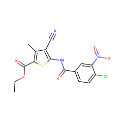 CCOC(=O)c1sc(NC(=O)c2ccc(Cl)c([N+](=O)[O-])c2)c(C#N)c1C ZINC000001965039
