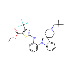 CCOC(=O)c1sc(Nc2ccccc2N2CC3(CCN(CC(C)(C)C)CC3)c3ccccc32)nc1C(F)(F)F ZINC000116554971