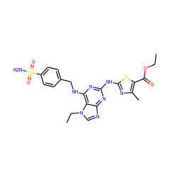 CCOC(=O)c1sc(Nc2nc(NCc3ccc(S(N)(=O)=O)cc3)c3c(ncn3CC)n2)nc1C ZINC000026744704